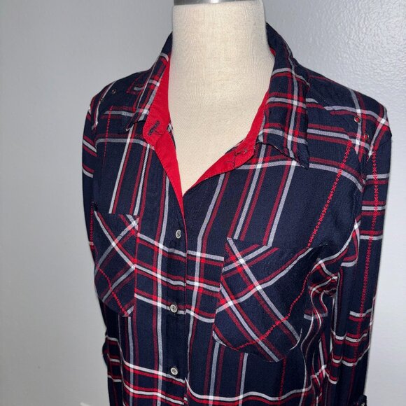Westbound Tops - Westbound Plaid Button Front Shirt S Navy Red Rayon Cabincore Fall Top Roll Tab